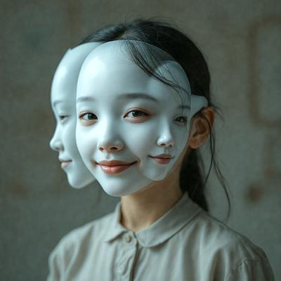 The primary subject of the image is a young girl wearing a white mask. She is smiling and appears to be enjoying herself. The setting is a room with a wall visible in the background. The visual style is a close-up of the girl's face, and the colors are predominantly white, giving the image a clean and bright appearance.